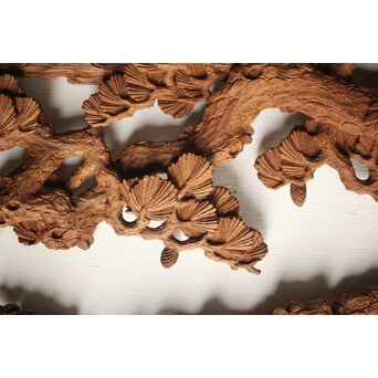 諏訪立川流宮彫か 清水虎銘 鶴亀吉祥堅木長尺木彫欄間 2枚1組　R0105Y 