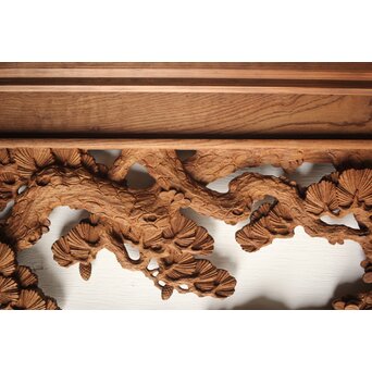 諏訪立川流宮彫か 清水虎銘 鶴亀吉祥堅木長尺木彫欄間 2枚1組　R0105Y 