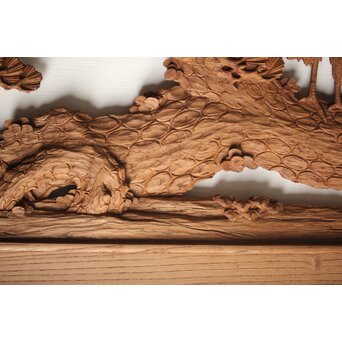 諏訪立川流宮彫か 清水虎銘 鶴亀吉祥堅木長尺木彫欄間 2枚1組　R0105Y 