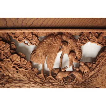 諏訪立川流宮彫か 清水虎銘 鶴亀吉祥堅木長尺木彫欄間 2枚1組　R0105Y 