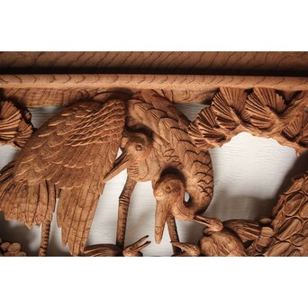 諏訪立川流宮彫か 清水虎銘 鶴亀吉祥堅木長尺木彫欄間 2枚1組　R0105Y 