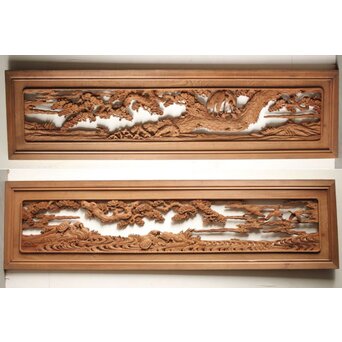 諏訪立川流宮彫か 清水虎銘 鶴亀吉祥堅木長尺木彫欄間 2枚1組　R0105Y