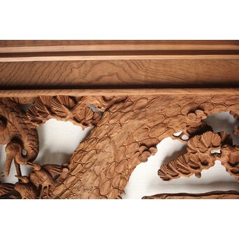 諏訪立川流宮彫か 清水虎銘 鶴亀吉祥堅木長尺木彫欄間 2枚1組　R0105Y 