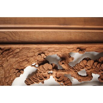 諏訪立川流宮彫か 清水虎銘 鶴亀吉祥堅木長尺木彫欄間 2枚1組　R0105Y 