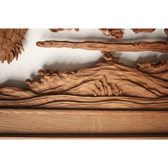 諏訪立川流宮彫か 清水虎銘 鶴亀吉祥堅木長尺木彫欄間 2枚1組　R0105Y 