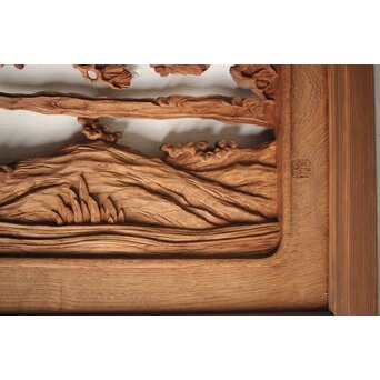 諏訪立川流宮彫か 清水虎銘 鶴亀吉祥堅木長尺木彫欄間 2枚1組　R0105Y 