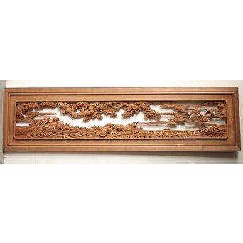 諏訪立川流宮彫か 清水虎銘 鶴亀吉祥堅木長尺木彫欄間 2枚1組　R0105Y 