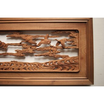 諏訪立川流宮彫か 清水虎銘 鶴亀吉祥堅木長尺木彫欄間 2枚1組　R0105Y 