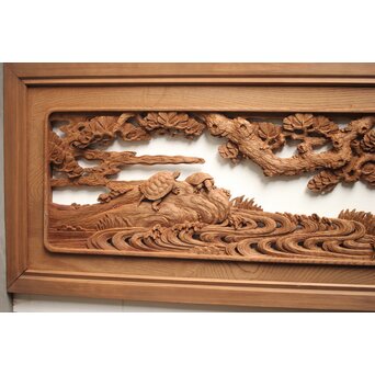 諏訪立川流宮彫か 清水虎銘 鶴亀吉祥堅木長尺木彫欄間 2枚1組　R0105Y 