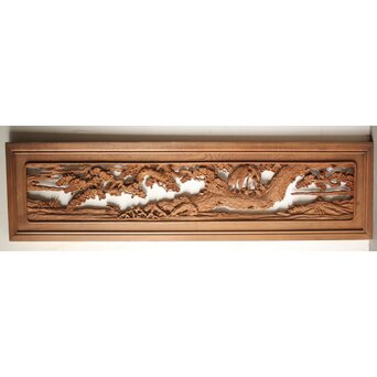 諏訪立川流宮彫か 清水虎銘 鶴亀吉祥堅木長尺木彫欄間 2枚1組　R0105Y 