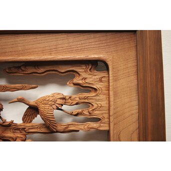 諏訪立川流宮彫か 清水虎銘 鶴亀吉祥堅木長尺木彫欄間 2枚1組　R0105Y 