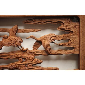 諏訪立川流宮彫か 清水虎銘 鶴亀吉祥堅木長尺木彫欄間 2枚1組　R0105Y 