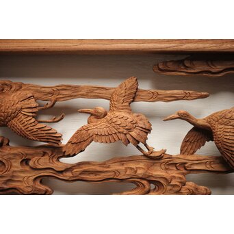 諏訪立川流宮彫か 清水虎銘 鶴亀吉祥堅木長尺木彫欄間 2枚1組　R0105Y 