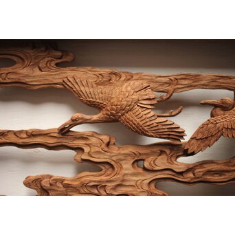 諏訪立川流宮彫か 清水虎銘 鶴亀吉祥堅木長尺木彫欄間 2枚1組　R0105Y 