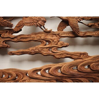 諏訪立川流宮彫か 清水虎銘 鶴亀吉祥堅木長尺木彫欄間 2枚1組　R0105Y 