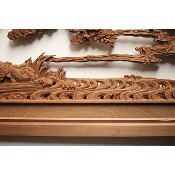 諏訪立川流宮彫か 清水虎銘 鶴亀吉祥堅木長尺木彫欄間 2枚1組　R0105Y 