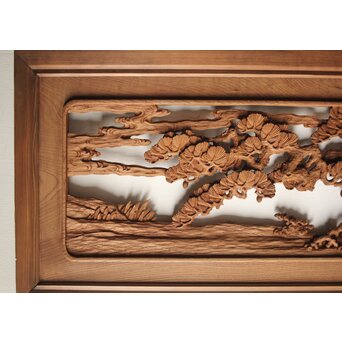 諏訪立川流宮彫か 清水虎銘 鶴亀吉祥堅木長尺木彫欄間 2枚1組　R0105Y 