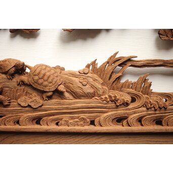 諏訪立川流宮彫か 清水虎銘 鶴亀吉祥堅木長尺木彫欄間 2枚1組　R0105Y 