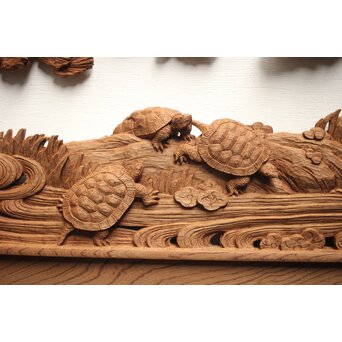 諏訪立川流宮彫か 清水虎銘 鶴亀吉祥堅木長尺木彫欄間 2枚1組　R0105Y 