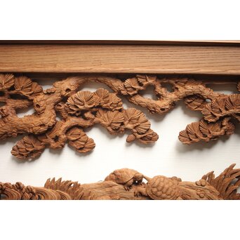 諏訪立川流宮彫か 清水虎銘 鶴亀吉祥堅木長尺木彫欄間 2枚1組　R0105Y 