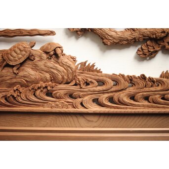 諏訪立川流宮彫か 清水虎銘 鶴亀吉祥堅木長尺木彫欄間 2枚1組　R0105Y 