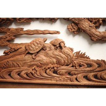 諏訪立川流宮彫か 清水虎銘 鶴亀吉祥堅木長尺木彫欄間 2枚1組　R0105Y 