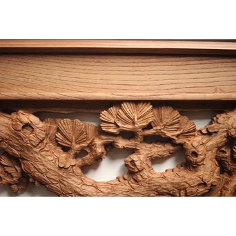 諏訪立川流宮彫か 清水虎銘 鶴亀吉祥堅木長尺木彫欄間 2枚1組　R0105Y 