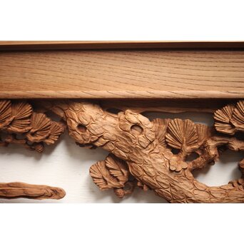 諏訪立川流宮彫か 清水虎銘 鶴亀吉祥堅木長尺木彫欄間 2枚1組　R0105Y 