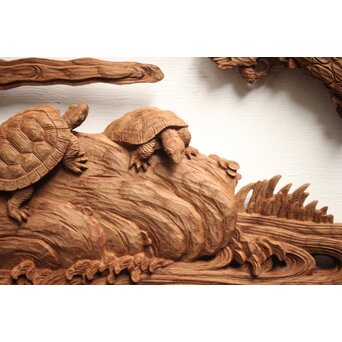 諏訪立川流宮彫か 清水虎銘 鶴亀吉祥堅木長尺木彫欄間 2枚1組　R0105Y 