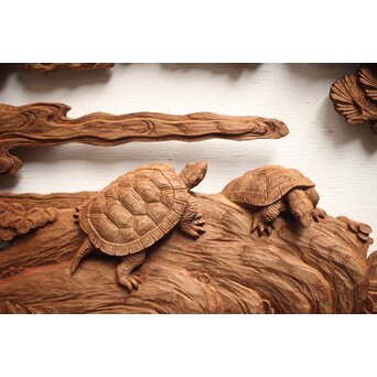 諏訪立川流宮彫か 清水虎銘 鶴亀吉祥堅木長尺木彫欄間 2枚1組　R0105Y 