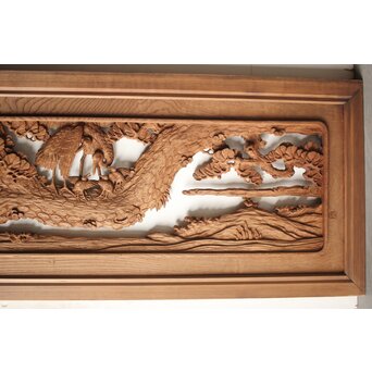 諏訪立川流宮彫か 清水虎銘 鶴亀吉祥堅木長尺木彫欄間 2枚1組　R0105Y 