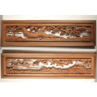 諏訪立川流宮彫か 清水虎銘 鶴亀吉祥堅木長尺木彫欄間 2枚1組　R0105Y 