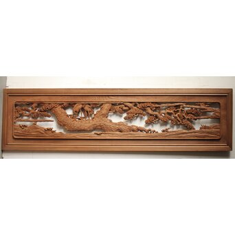 諏訪立川流宮彫か 清水虎銘 鶴亀吉祥堅木長尺木彫欄間 2枚1組　R0105Y 