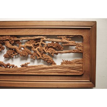 諏訪立川流宮彫か 清水虎銘 鶴亀吉祥堅木長尺木彫欄間 2枚1組　R0105Y 