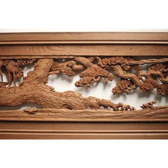 諏訪立川流宮彫か 清水虎銘 鶴亀吉祥堅木長尺木彫欄間 2枚1組　R0105Y 