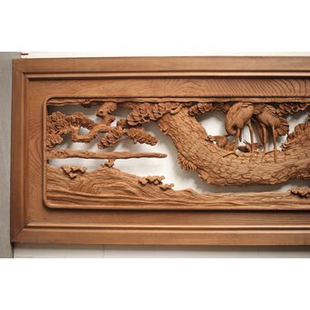 諏訪立川流宮彫か 清水虎銘 鶴亀吉祥堅木長尺木彫欄間 2枚1組　R0105Y 