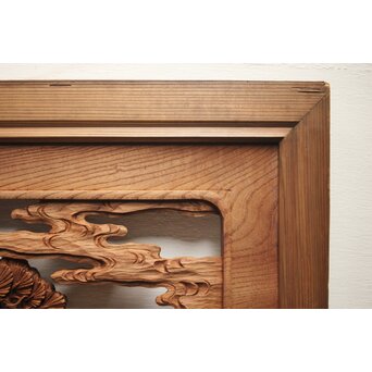 諏訪立川流宮彫か 清水虎銘 鶴亀吉祥堅木長尺木彫欄間 2枚1組　R0105Y 