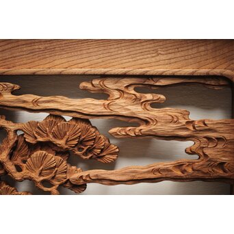 諏訪立川流宮彫か 清水虎銘 鶴亀吉祥堅木長尺木彫欄間 2枚1組　R0105Y 