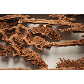 諏訪立川流宮彫か 清水虎銘 鶴亀吉祥堅木長尺木彫欄間 2枚1組　R0105Y 