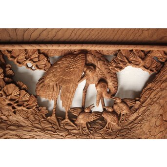 諏訪立川流宮彫か 清水虎銘 鶴亀吉祥堅木長尺木彫欄間 2枚1組　R0105Y 