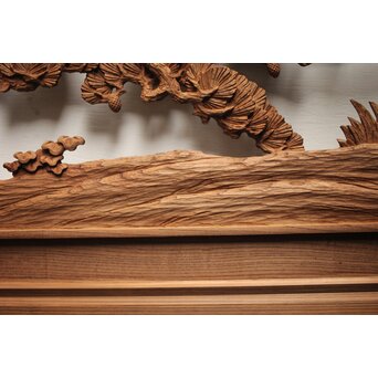 諏訪立川流宮彫か 清水虎銘 鶴亀吉祥堅木長尺木彫欄間 2枚1組　R0105Y 