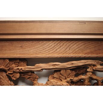 諏訪立川流宮彫か 清水虎銘 鶴亀吉祥堅木長尺木彫欄間 2枚1組　R0105Y 