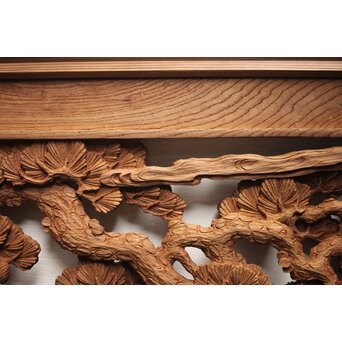 諏訪立川流宮彫か 清水虎銘 鶴亀吉祥堅木長尺木彫欄間 2枚1組　R0105Y 