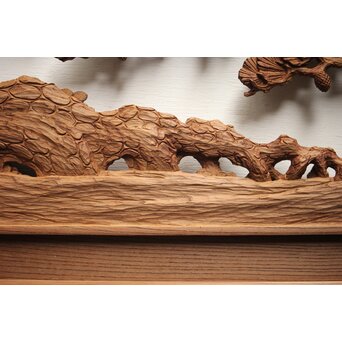 諏訪立川流宮彫か 清水虎銘 鶴亀吉祥堅木長尺木彫欄間 2枚1組　R0105Y 