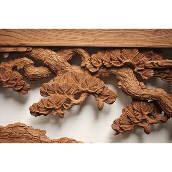 諏訪立川流宮彫か 清水虎銘 鶴亀吉祥堅木長尺木彫欄間 2枚1組　R0105Y 