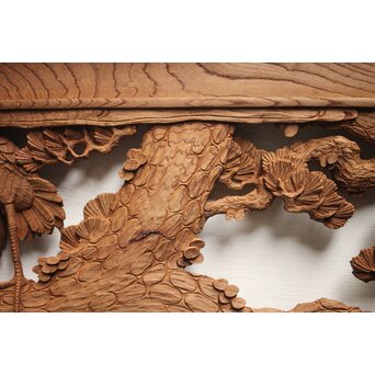 諏訪立川流宮彫か 清水虎銘 鶴亀吉祥堅木長尺木彫欄間 2枚1組　R0105Y 