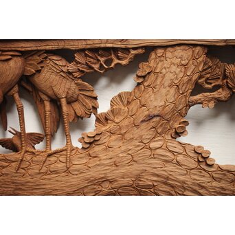 諏訪立川流宮彫か 清水虎銘 鶴亀吉祥堅木長尺木彫欄間 2枚1組　R0105Y 