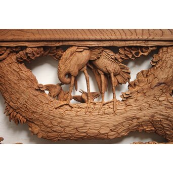 諏訪立川流宮彫か 清水虎銘 鶴亀吉祥堅木長尺木彫欄間 2枚1組　R0105Y 