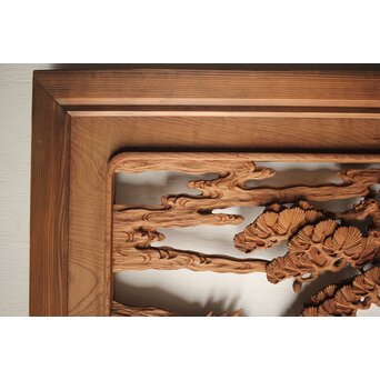 諏訪立川流宮彫か 清水虎銘 鶴亀吉祥堅木長尺木彫欄間 2枚1組　R0105Y 