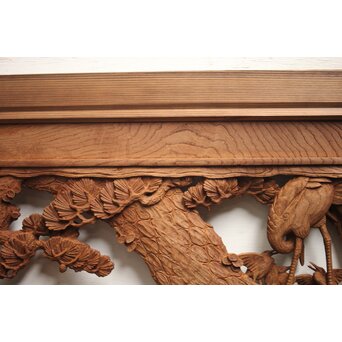 諏訪立川流宮彫か 清水虎銘 鶴亀吉祥堅木長尺木彫欄間 2枚1組　R0105Y 